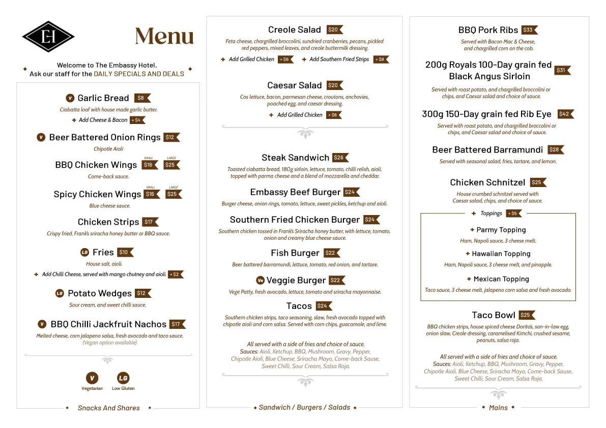 Menu, Embassy Hotel