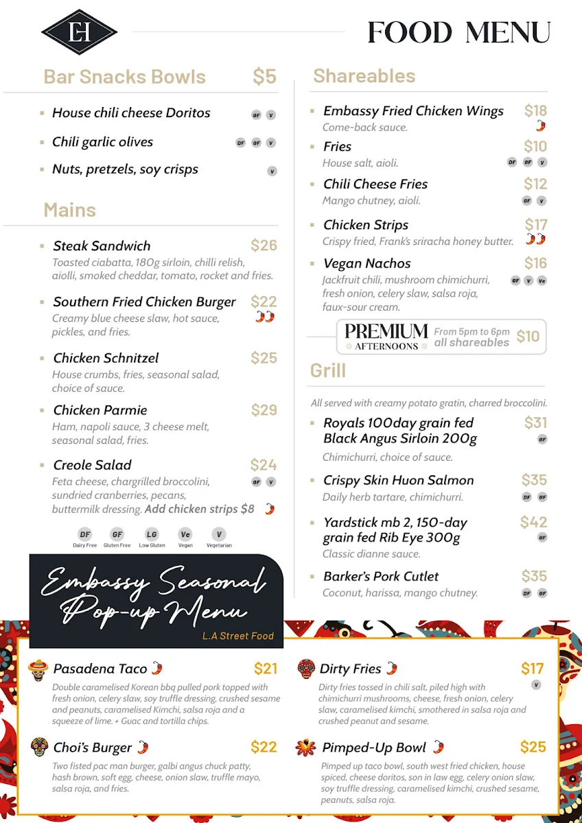 Menu, Embassy Hotel