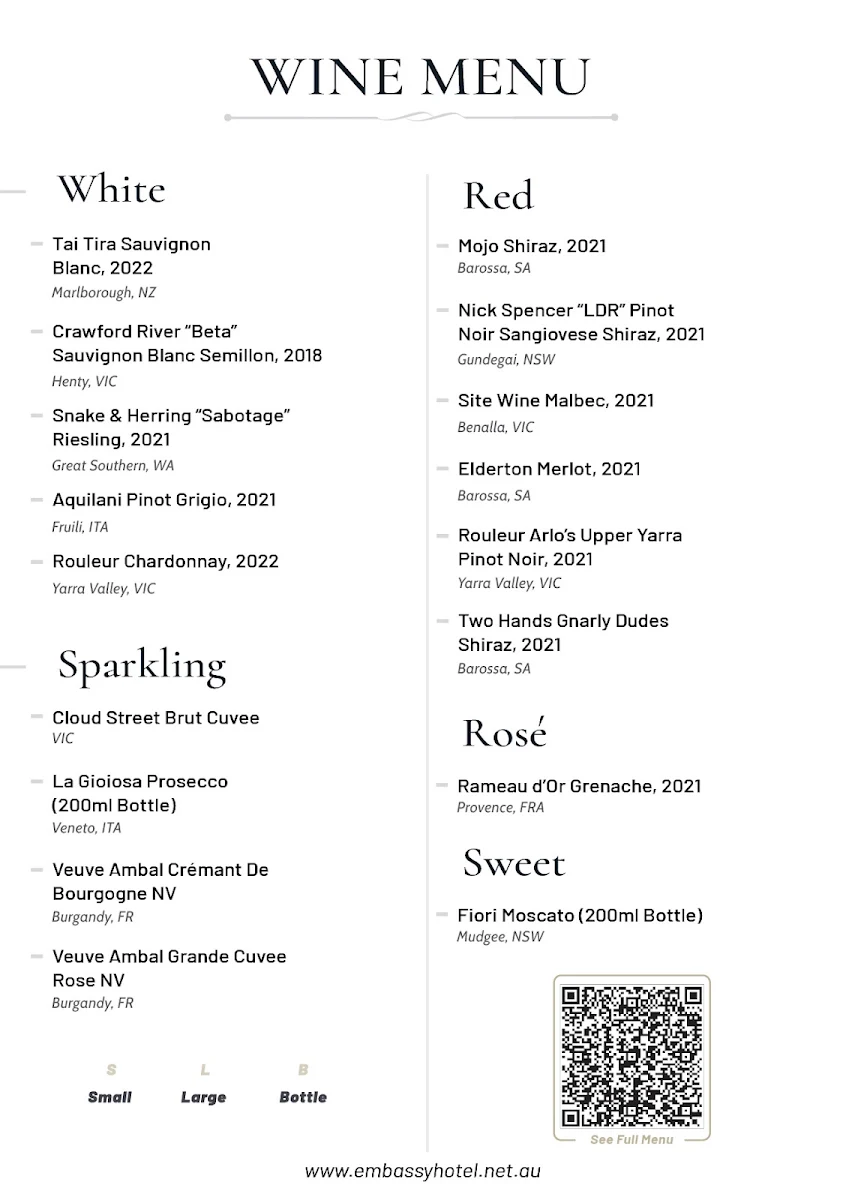 Menu, Embassy Hotel