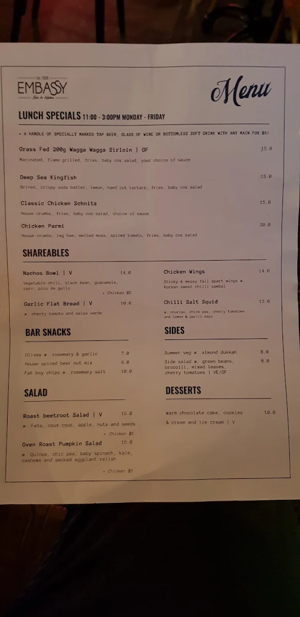 Menu, Embassy Hotel