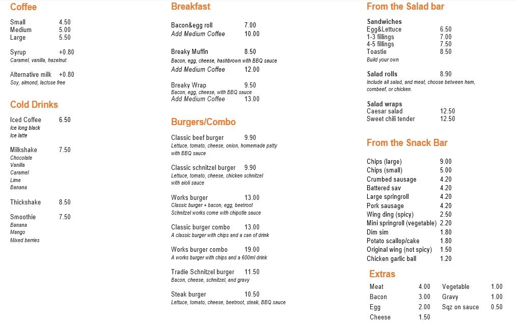 Menu, TRADIE CANTEEN