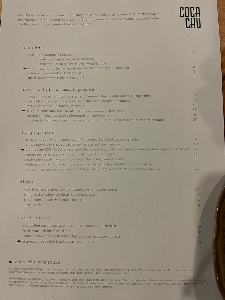 Menu, coca chu