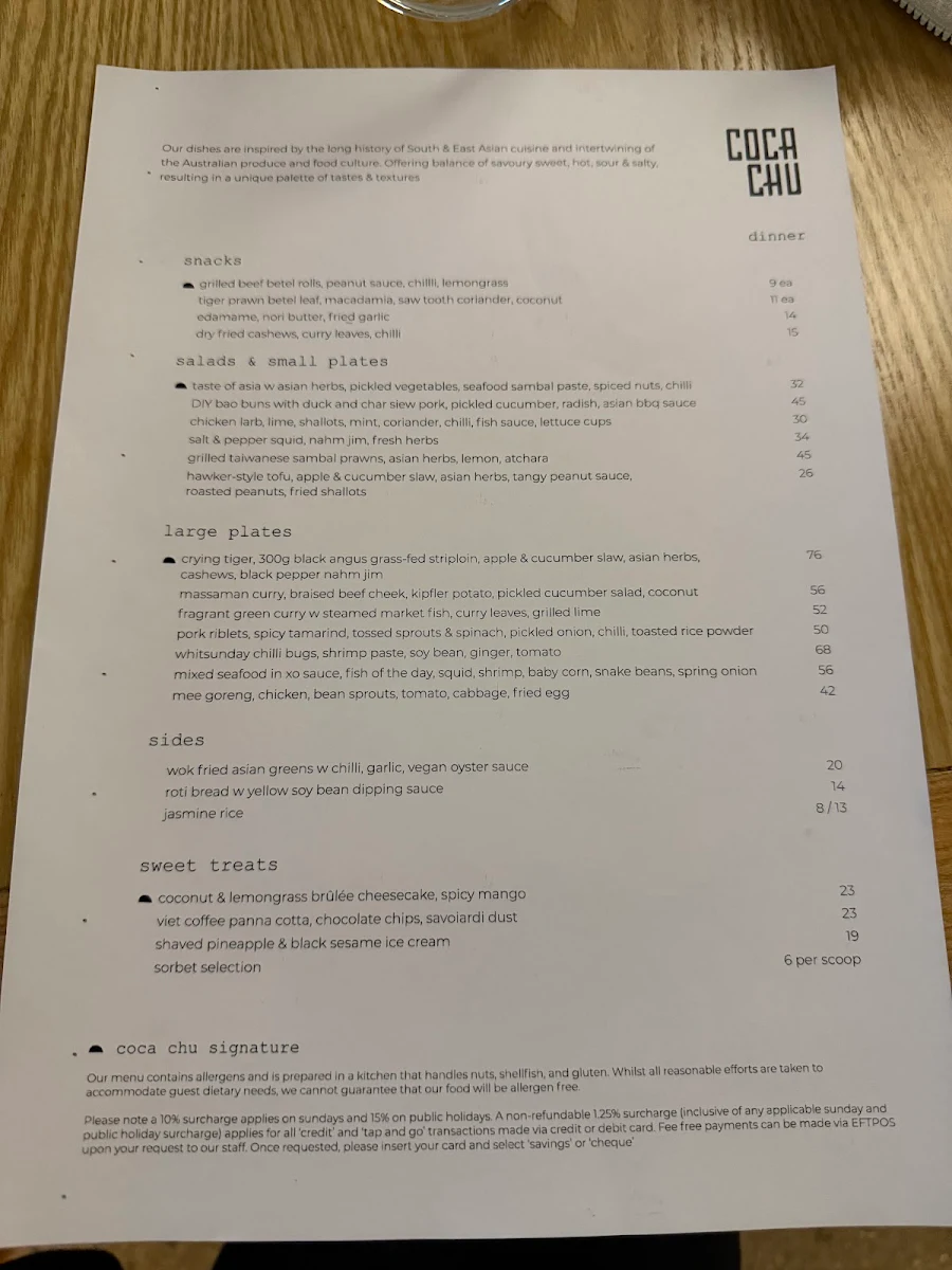 Menu, coca chu