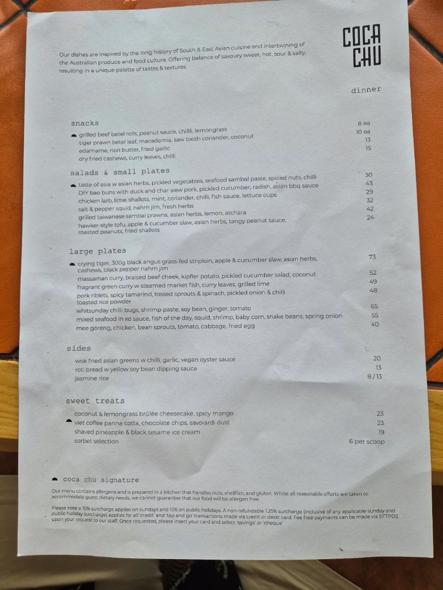 Menu, coca chu