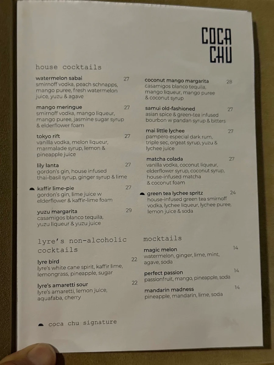 Menu, coca chu