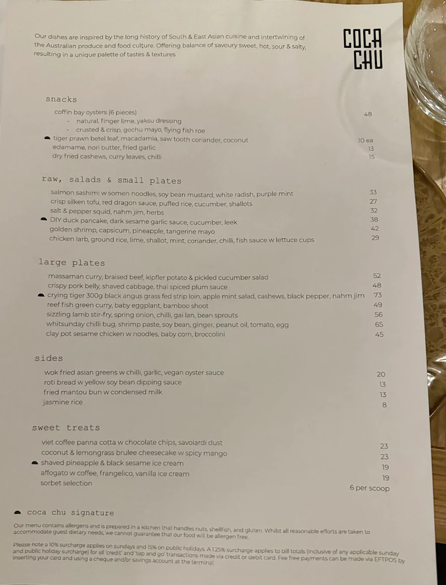 Menu, coca chu