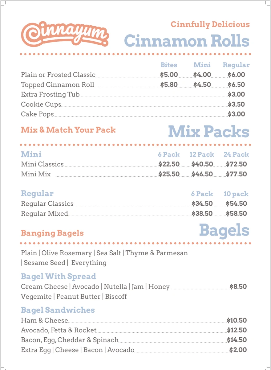 Menu, Cinnayum