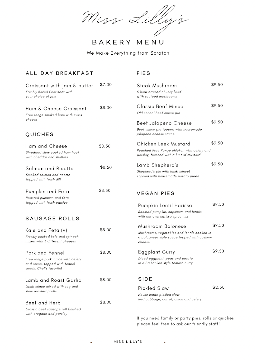 Menu, Miss Lilly’s - Bakery Café