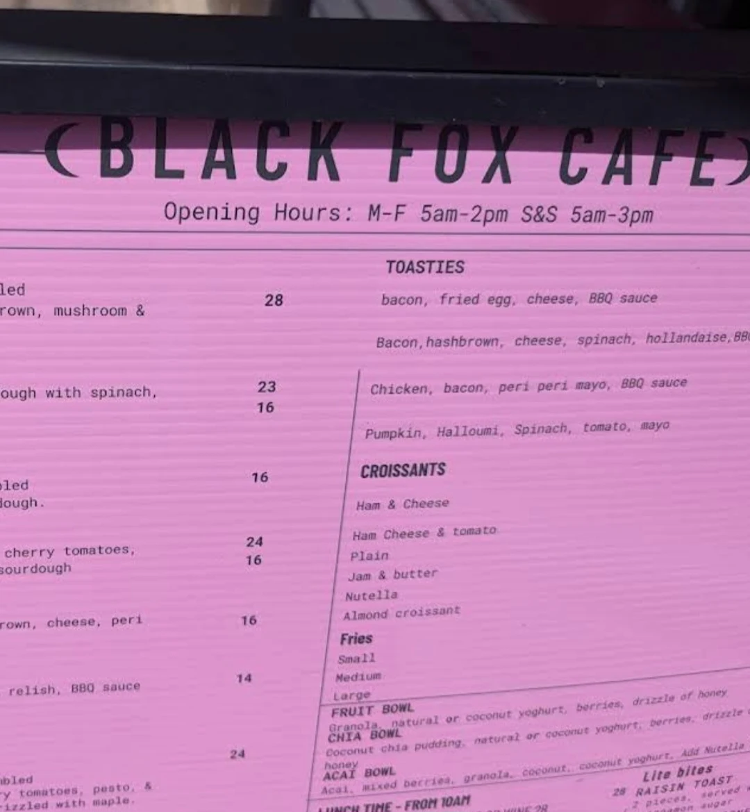 Menu, Black Fox Cafe Bar