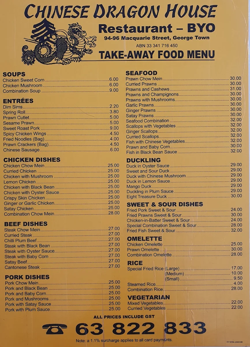 Menu, Chinese Dragon House Restaurant