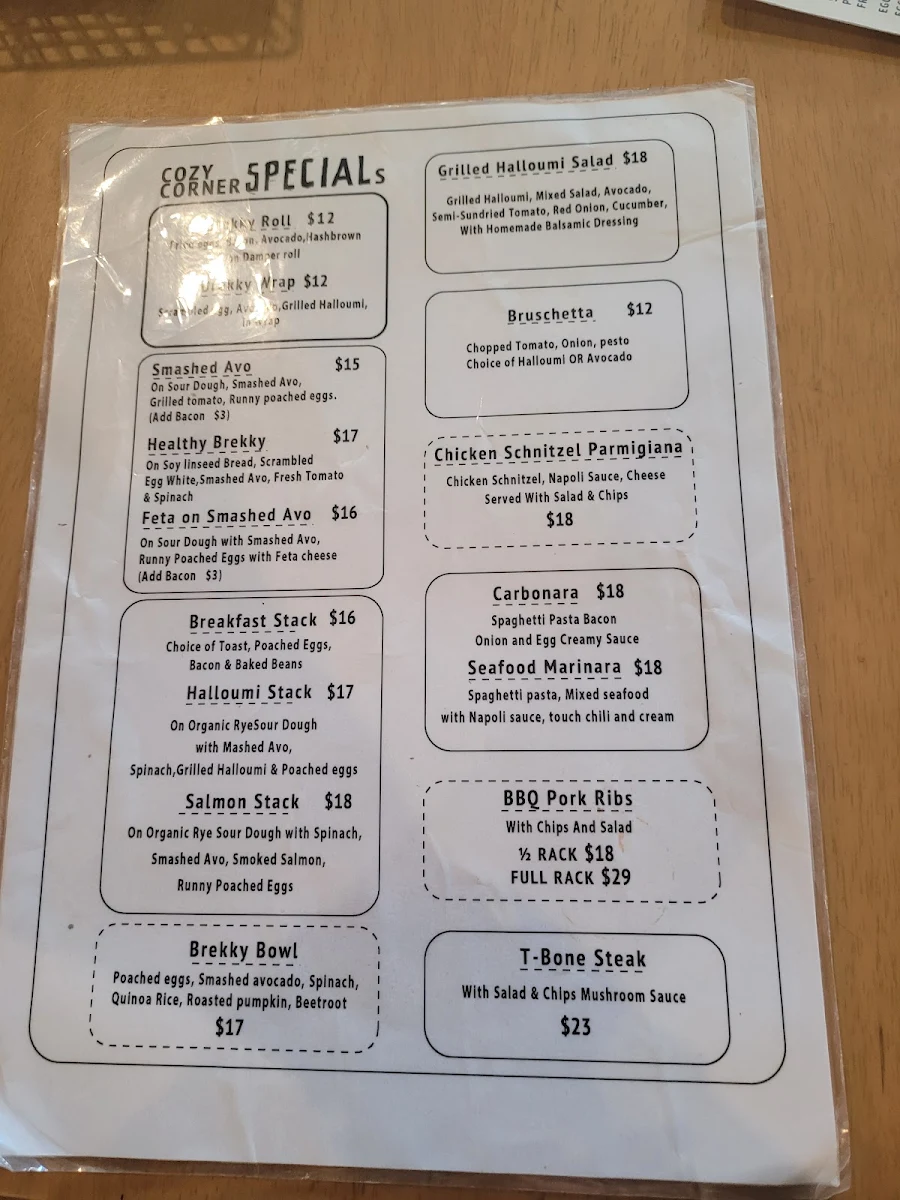 Menu, Cozy Corner