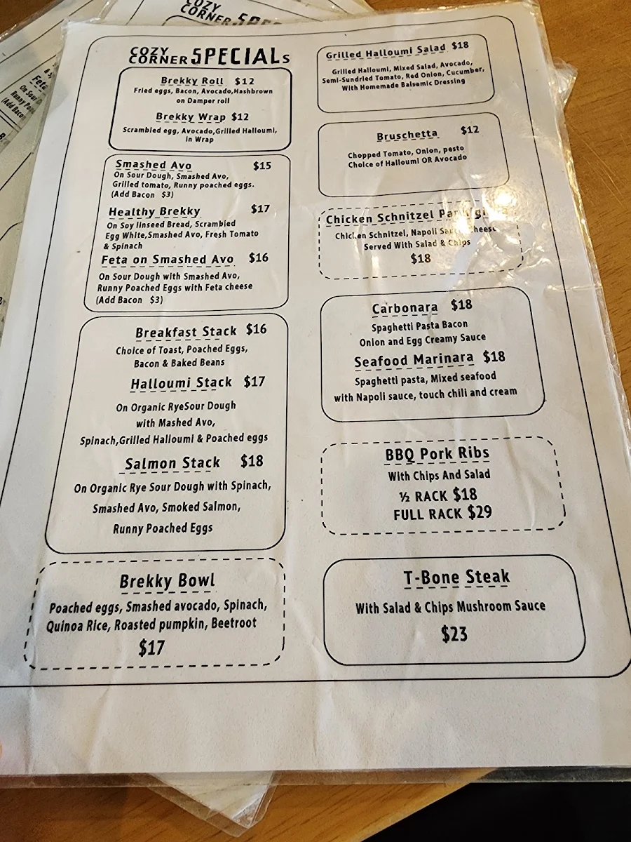 Menu, Cozy Corner