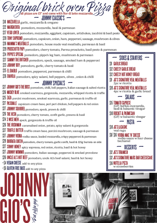 Menu, Johnny Gio's Pizza Bondi