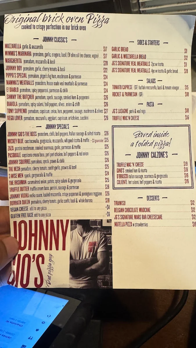 Menu, Johnny Gio's Pizza Bondi