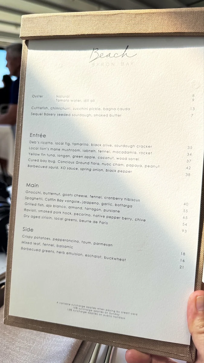 Menu, Beach Byron Bay