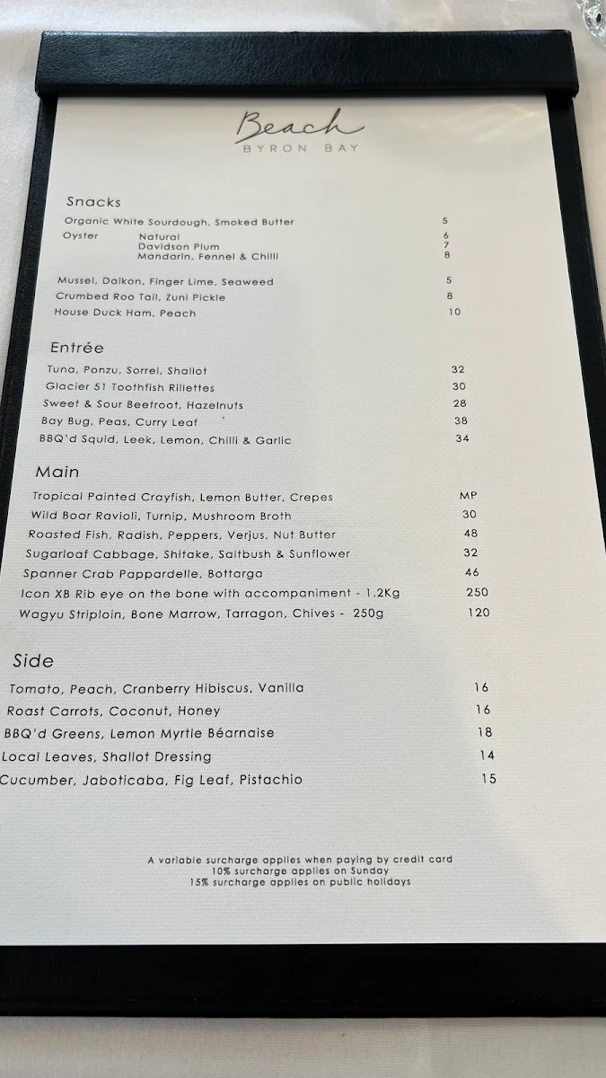 Menu, Beach Byron Bay