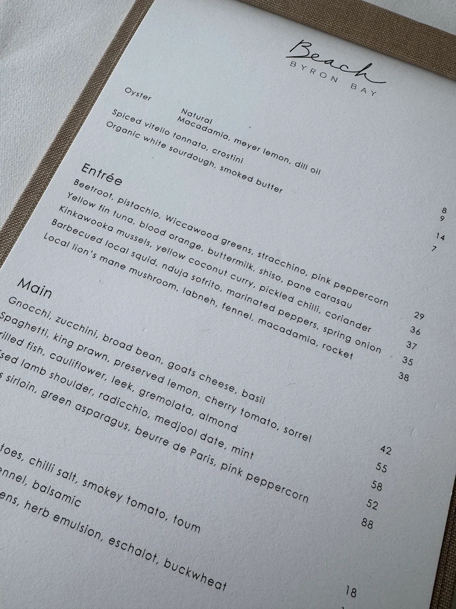 Menu, Beach Byron Bay