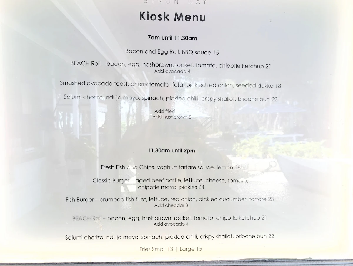 Menu, Beach Byron Bay