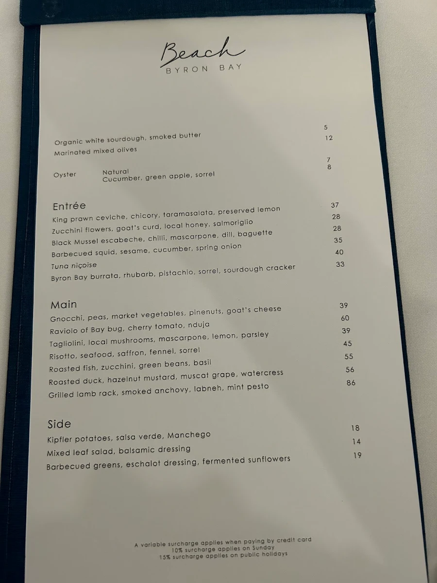 Menu, Beach Byron Bay