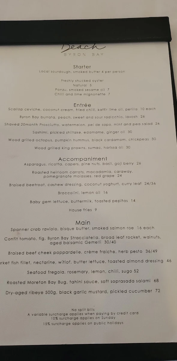 Menu, Beach Byron Bay