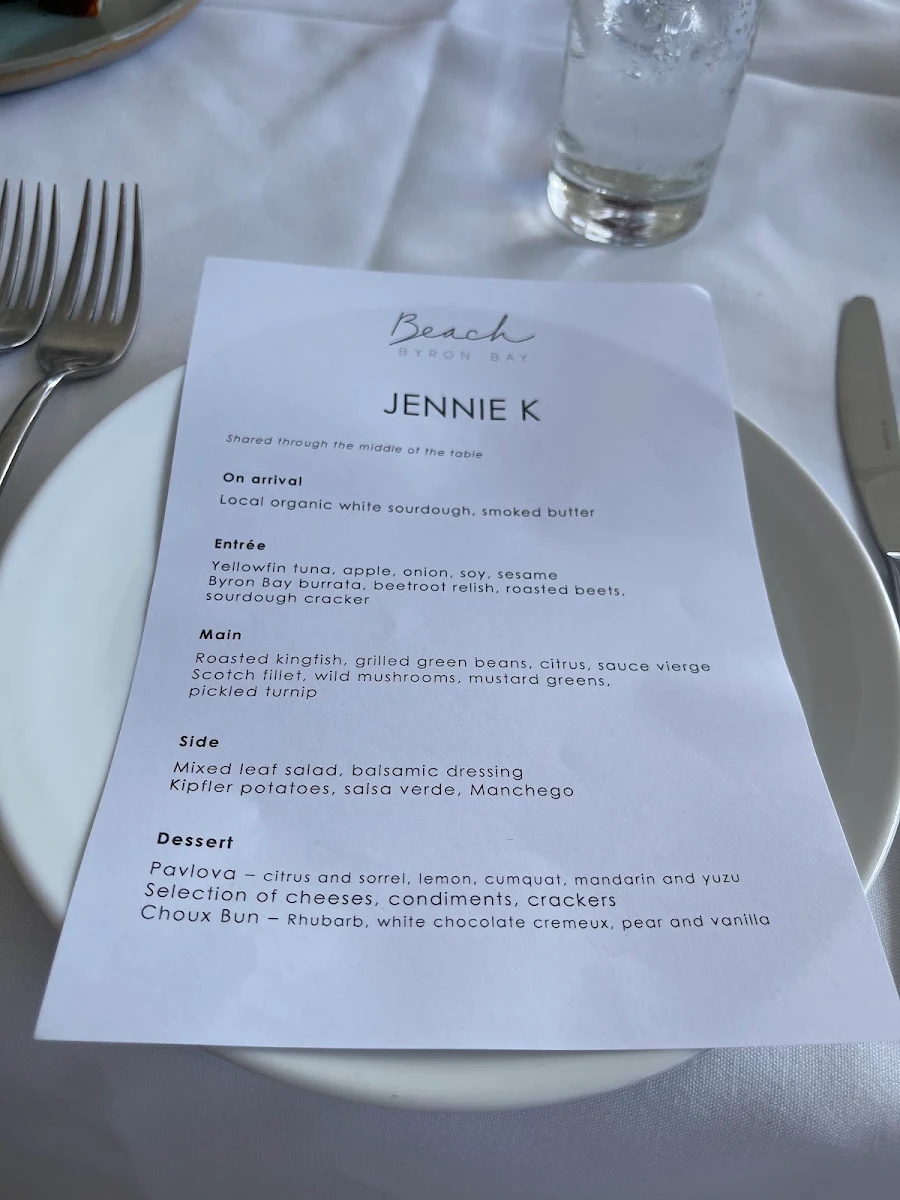 Menu, Beach Byron Bay