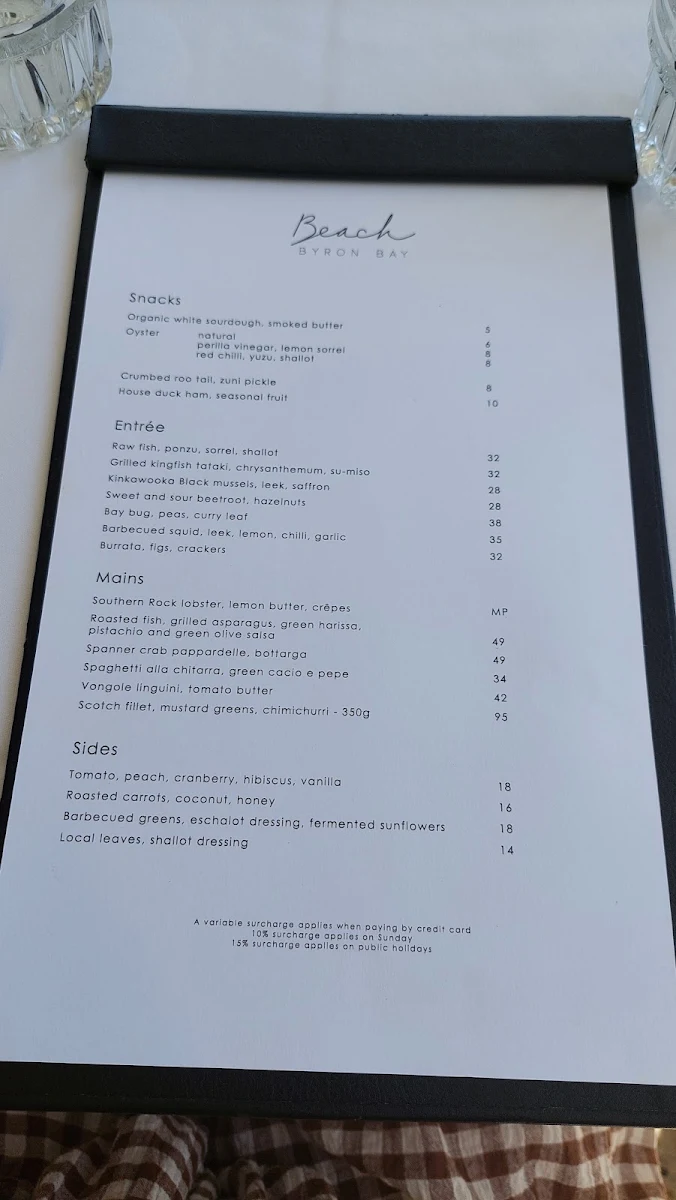 Menu, Beach Byron Bay