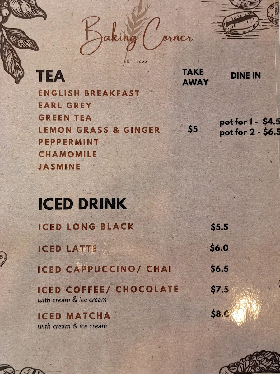 Menu, The Baking Corner
