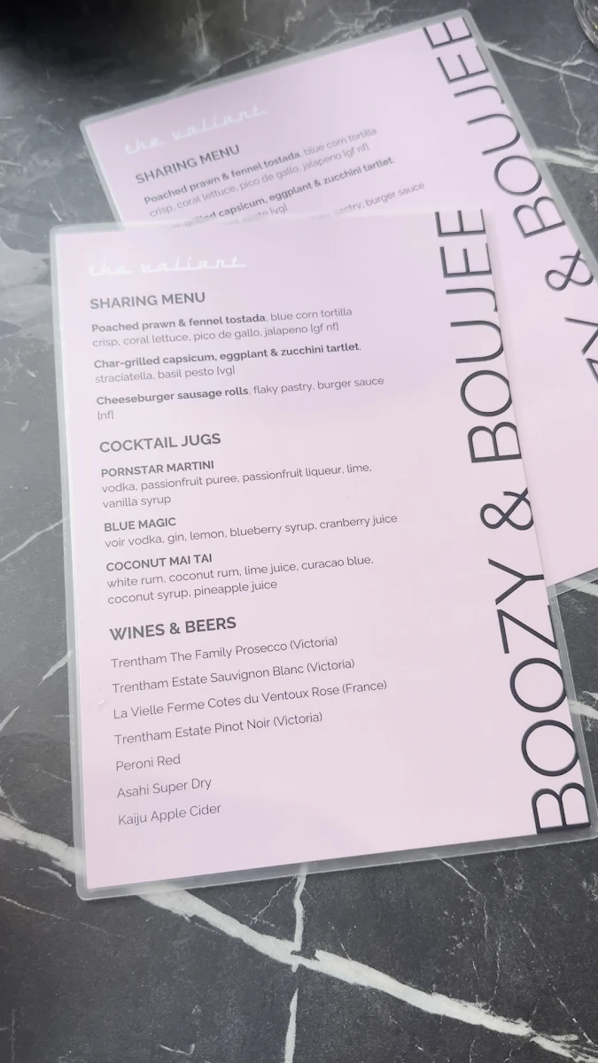 Menu, The Valiant Cocktail Bar