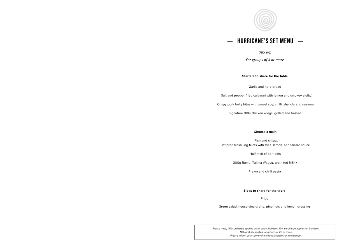 Menu, Hurricane's Grill & Bar