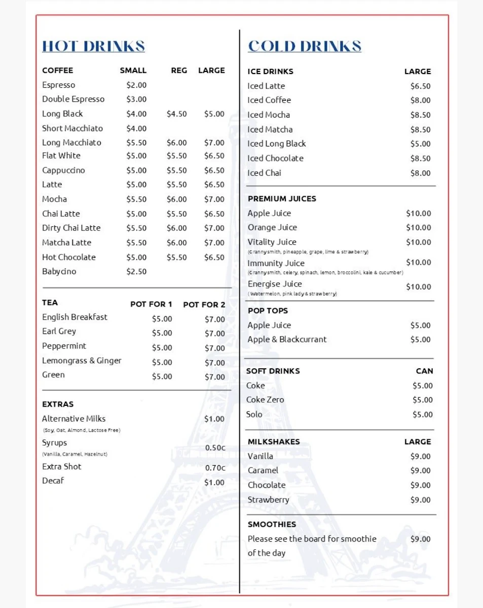 Menu, Praline Cafe & Patisserie