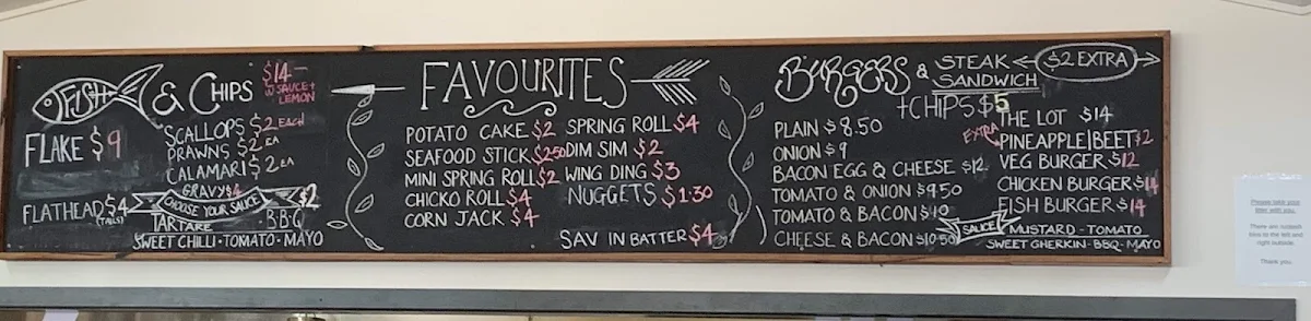 Menu, Port Campbell Takeaway