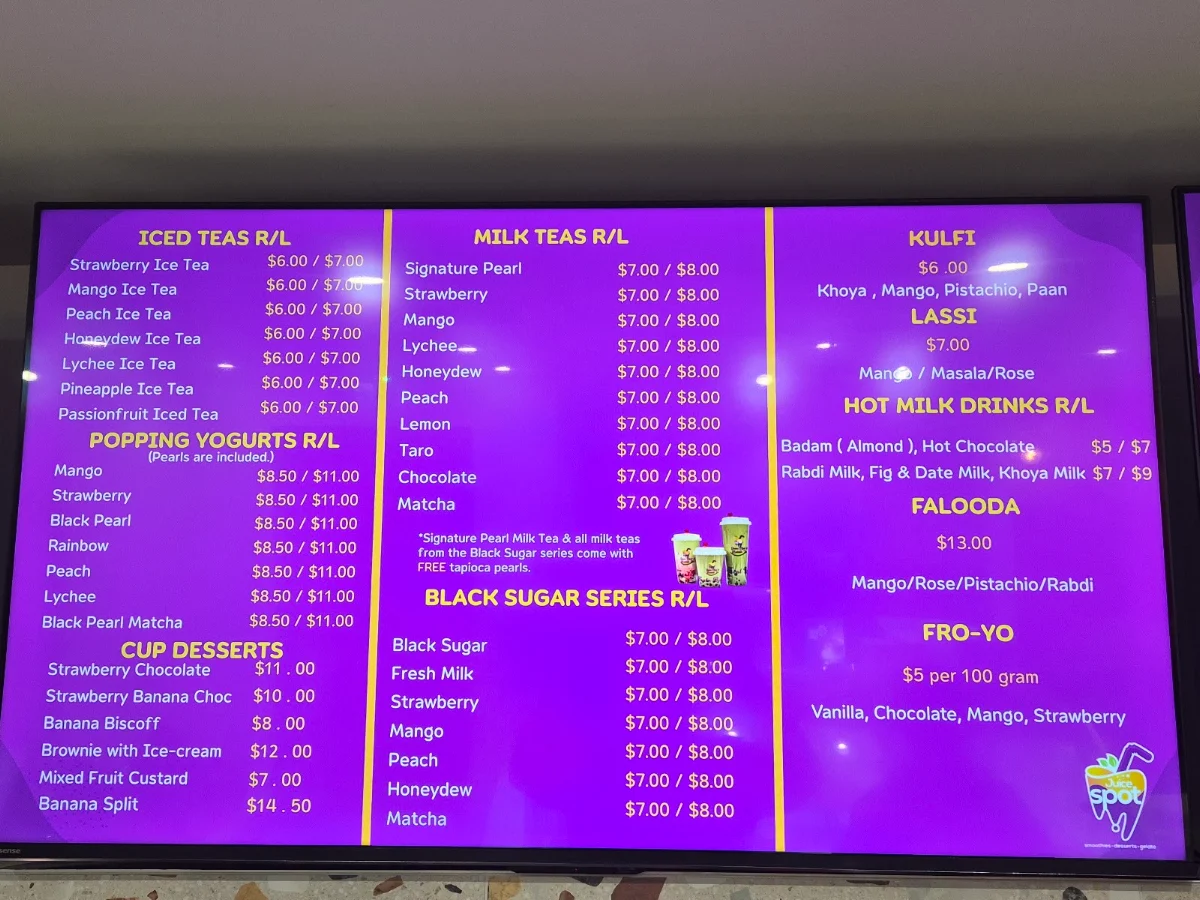 Menu, Juice Spot & Bubble Tea Seven Hills