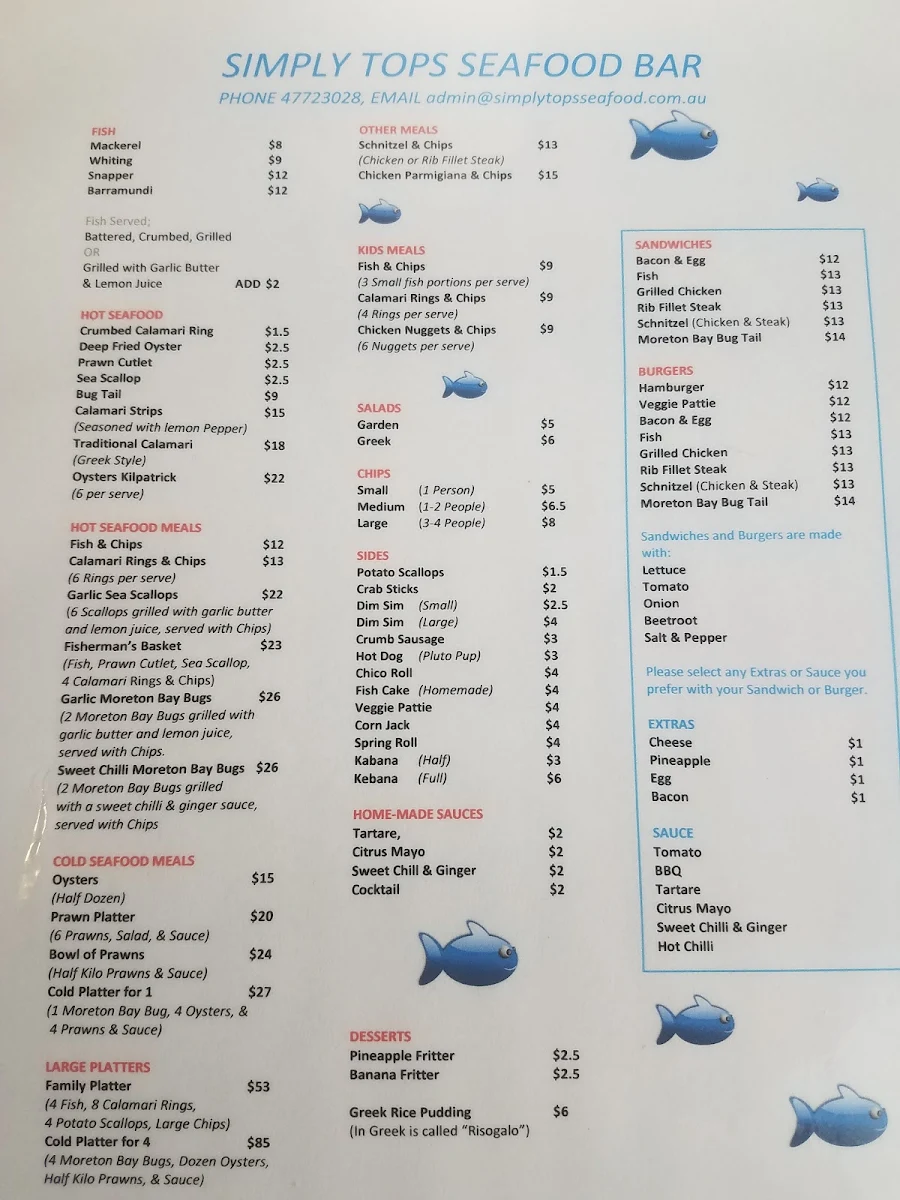 Menu, Simply Tops Seafood Bar