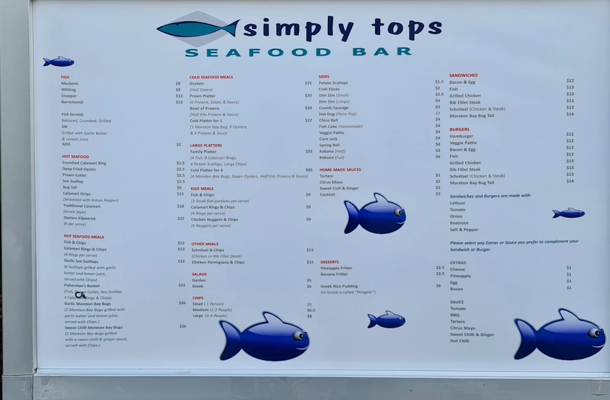 Menu, Simply Tops Seafood Bar