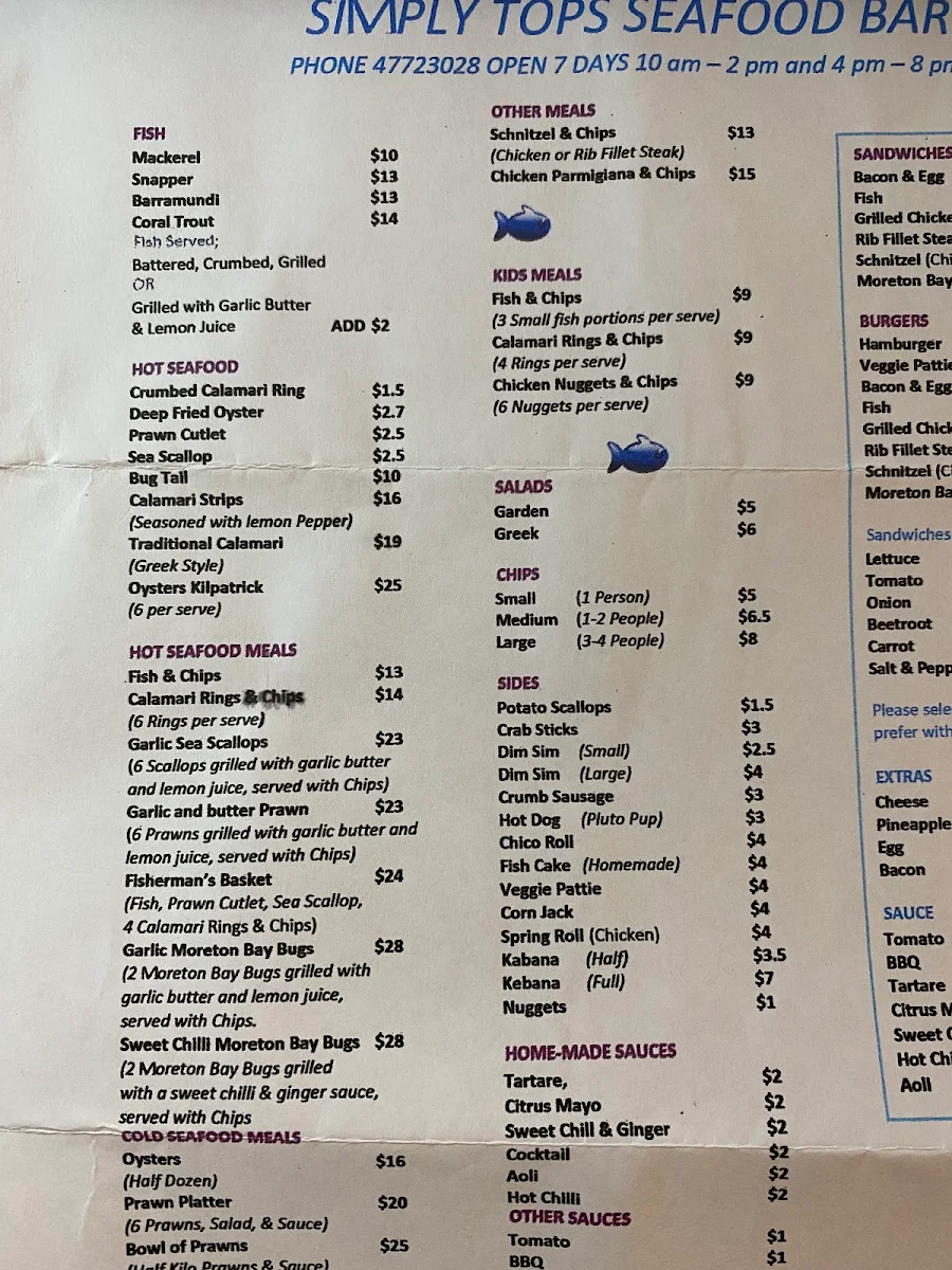 Menu, Simply Tops Seafood Bar
