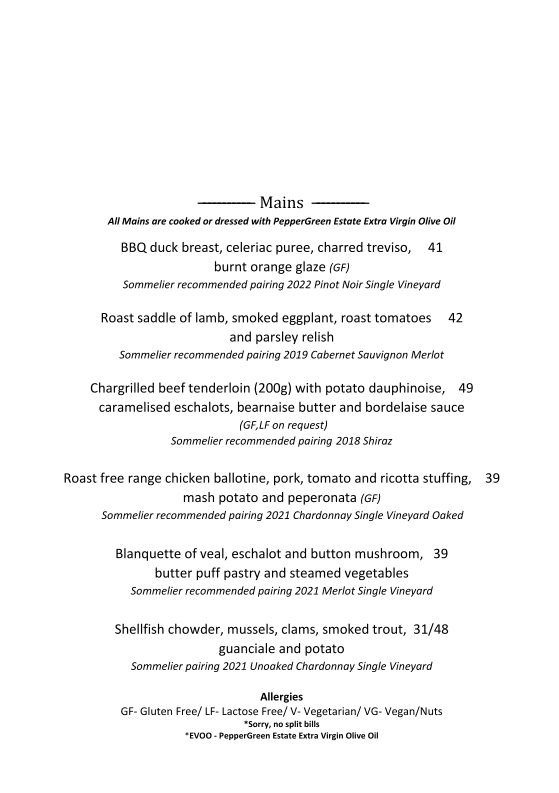 Menu, PepperGreen Estate
