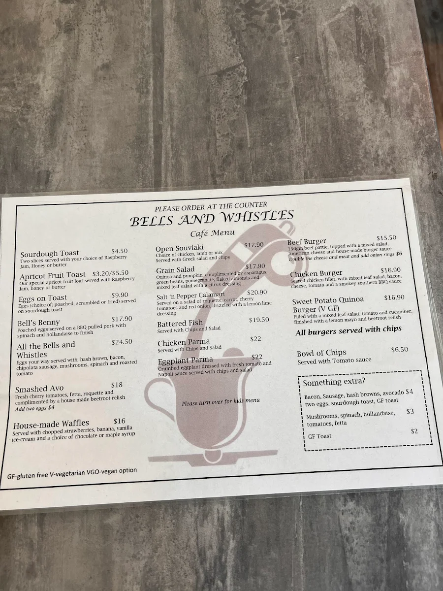 Menu, Bells and Whistles Cafe