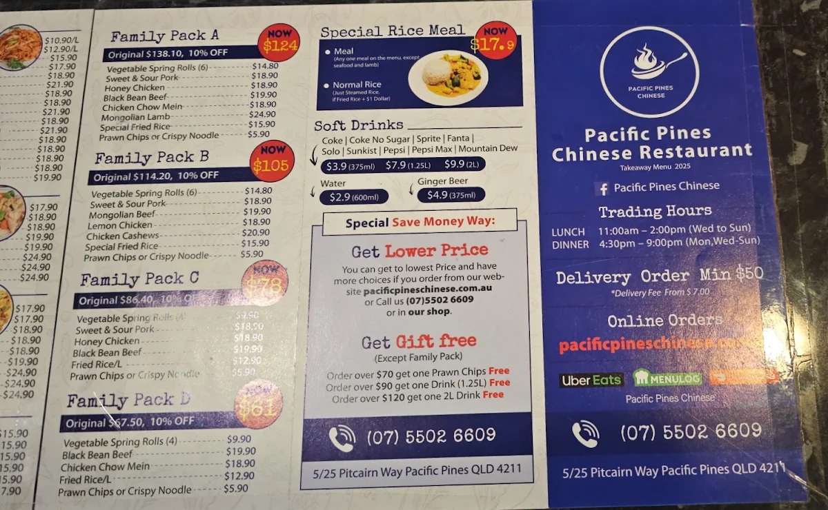 Menu, Pacific Pines Chinese