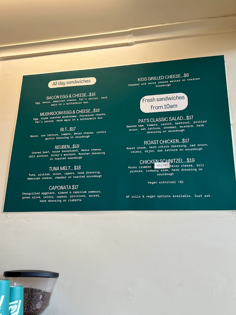 Menu, Pat's Sandwiches