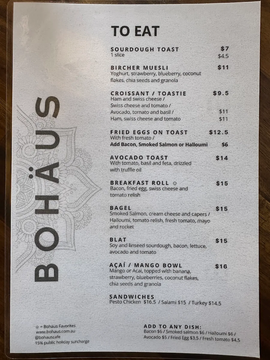 Menu, Bohäus Cafe