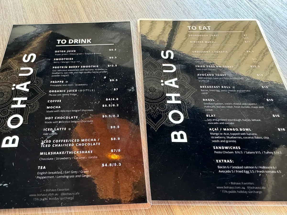 Menu, Bohäus Cafe