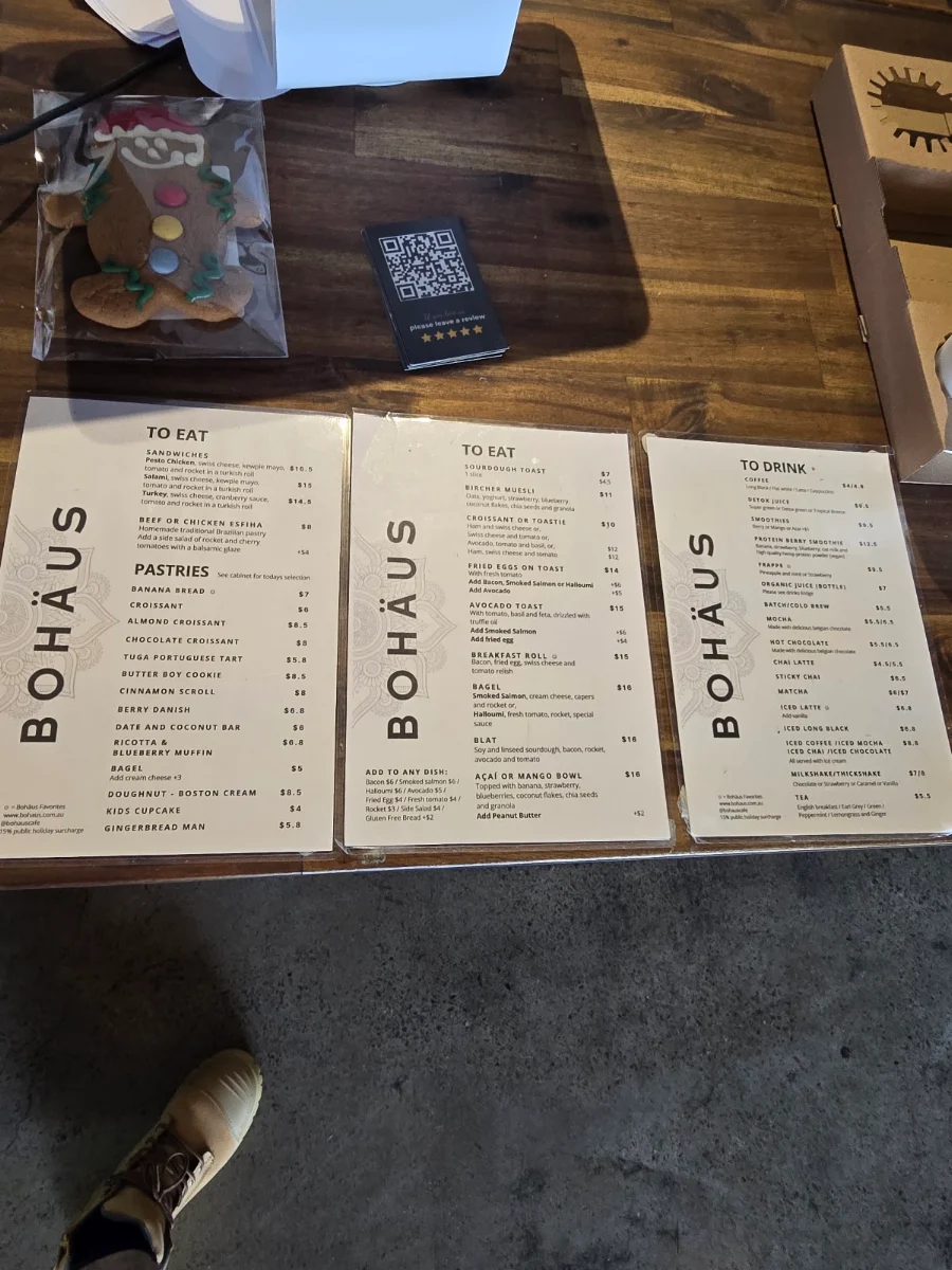 Menu, Bohäus Cafe