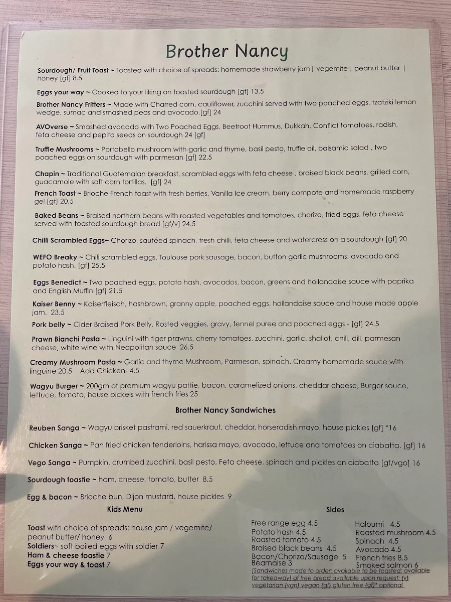 Menu, Brother Nancy