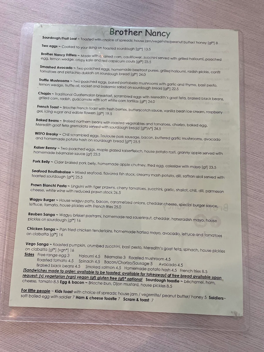 Menu, Brother Nancy