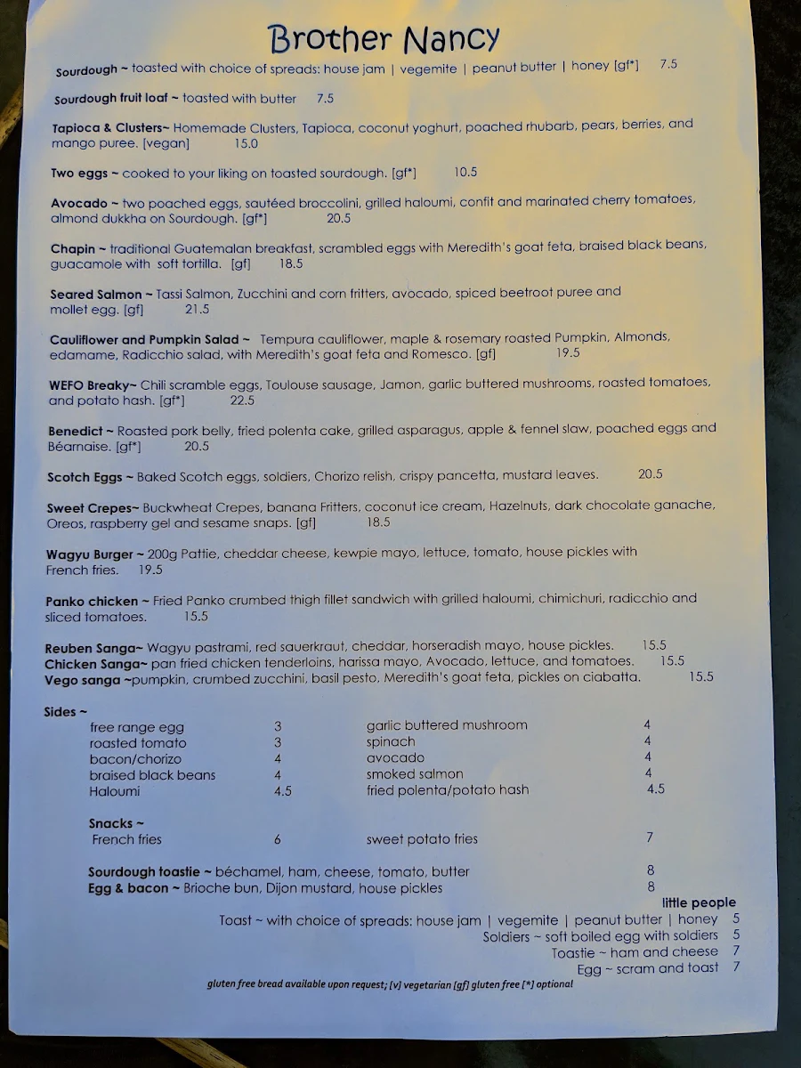 Menu, Brother Nancy