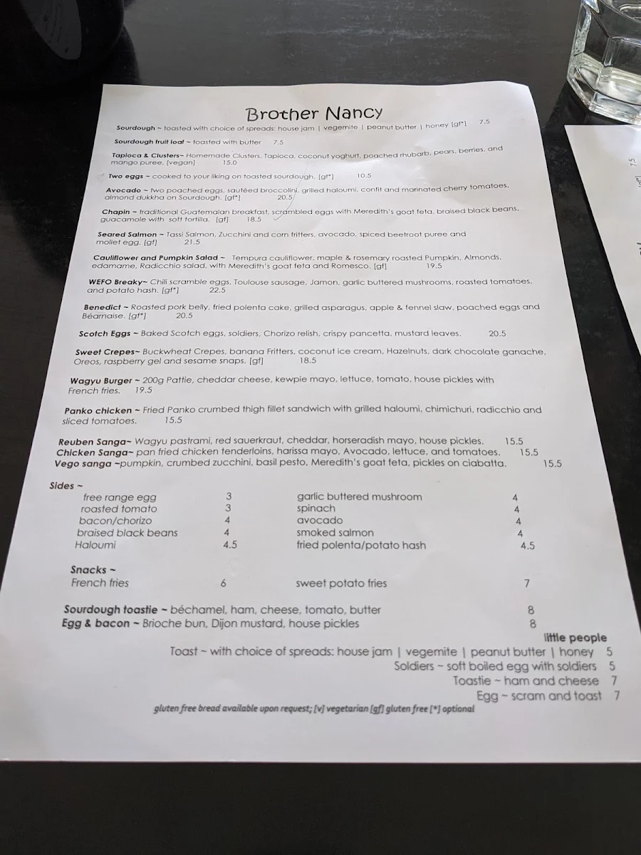 Menu, Brother Nancy