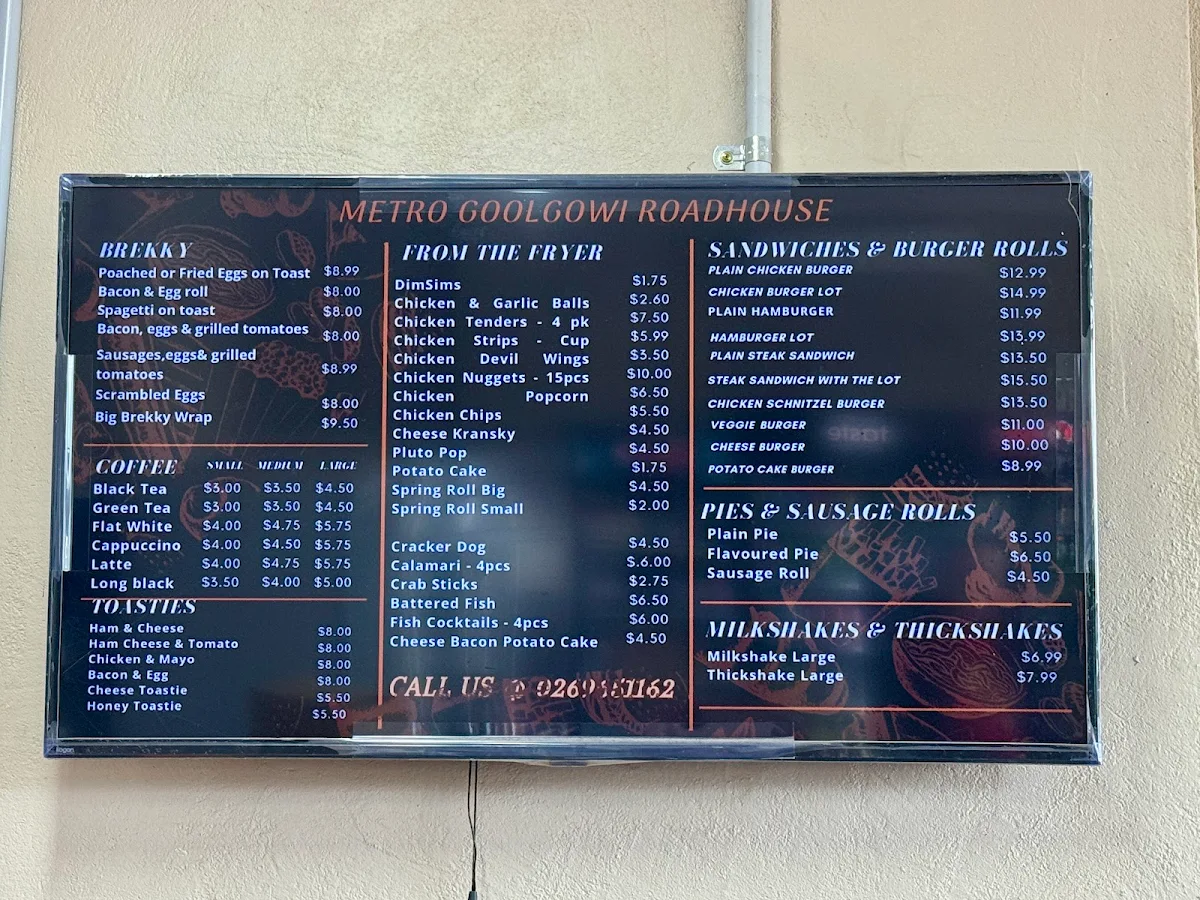 Menu, Metro Goolgowi Roadhouse