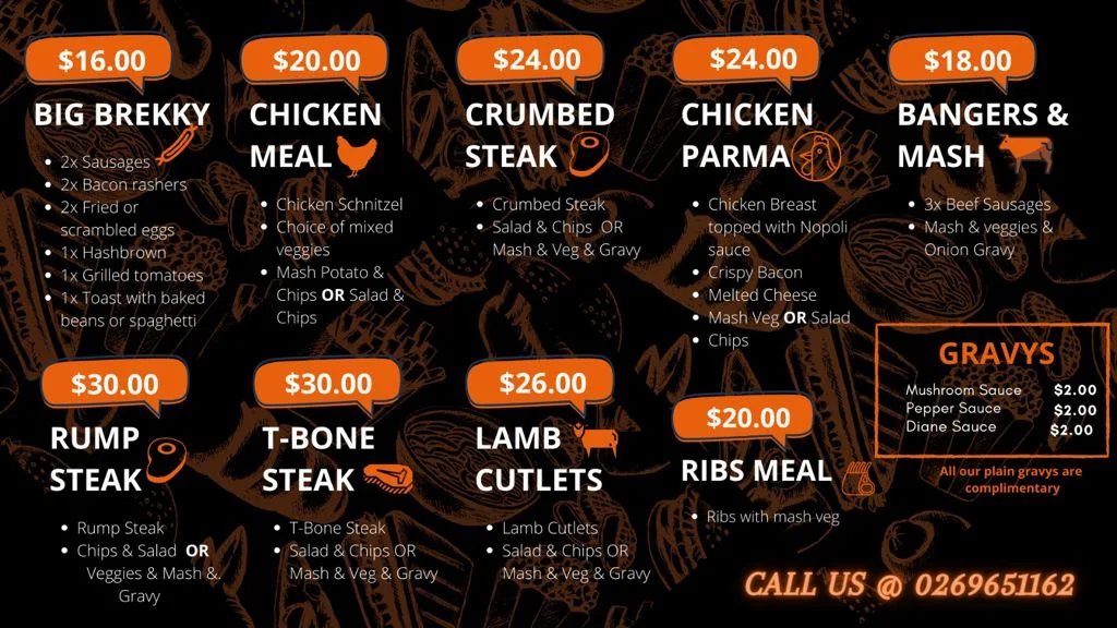 Menu, Metro Goolgowi Roadhouse