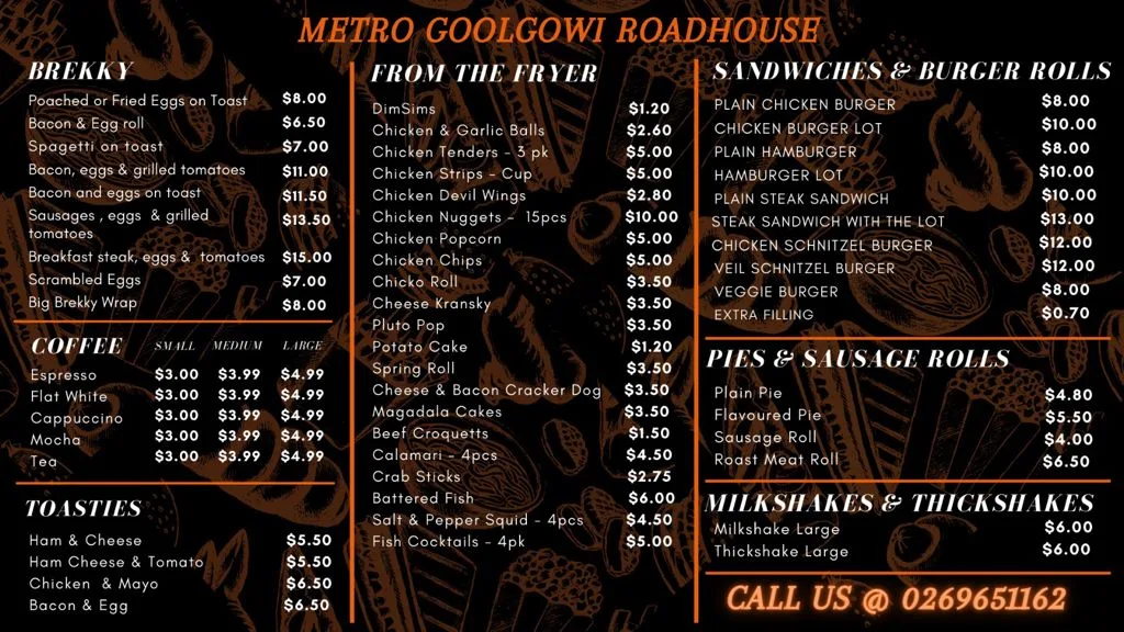 Menu, Metro Goolgowi Roadhouse
