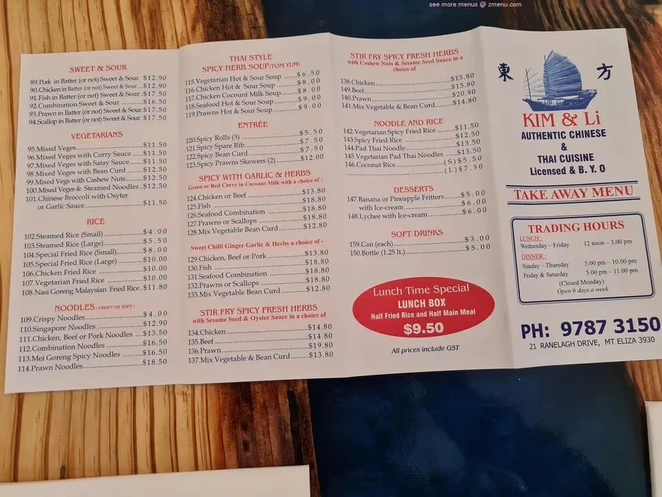 Menu, Kim & Li Chinese & Thai Restaurant